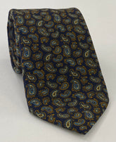 Burnt Orange, Brown, Sky Blue & Off-White on Midnight Blue Paisley Pattern Challis Wool Pocket Square CHPP-7